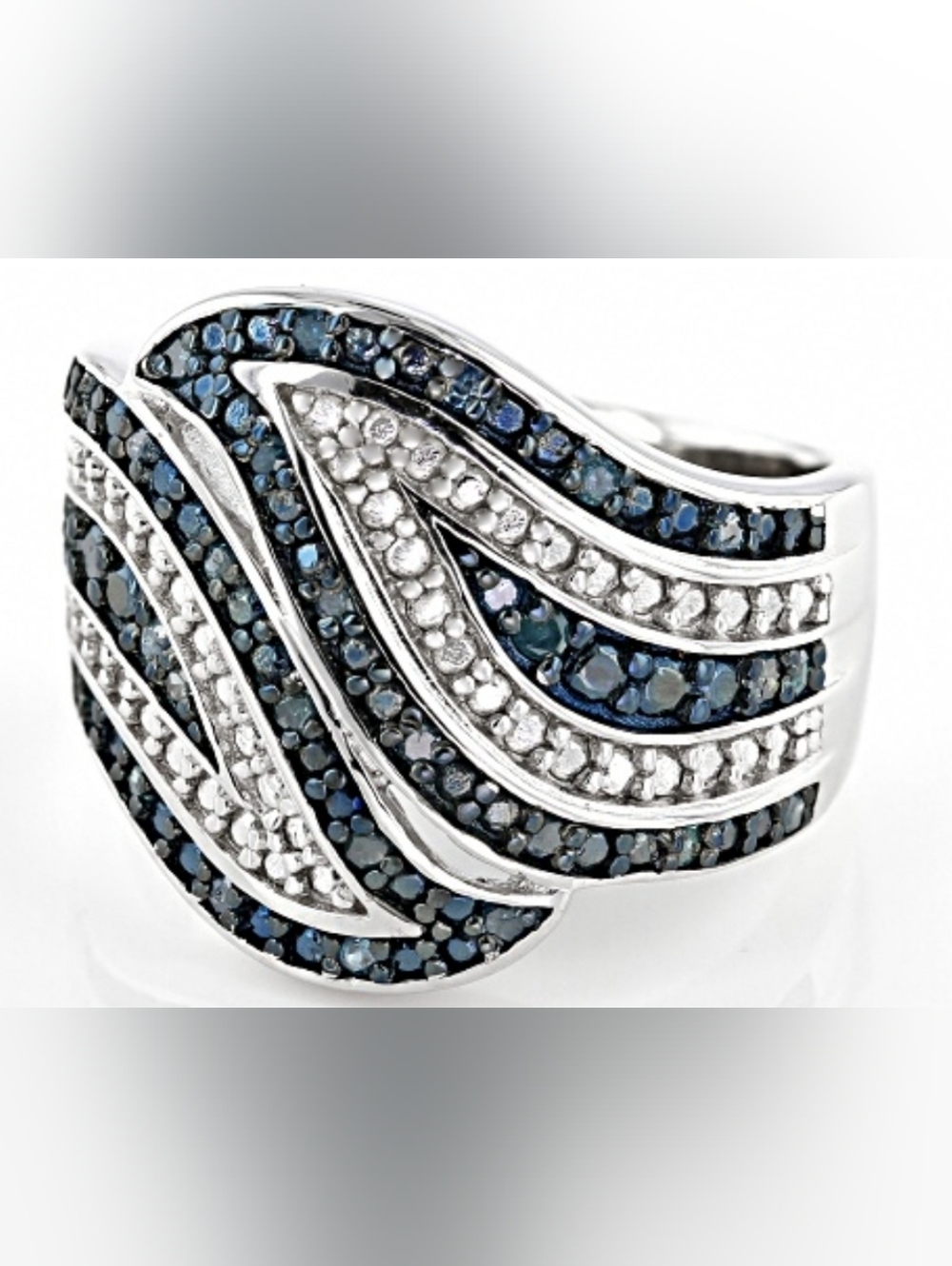 Genuine Blue & White Diamond Wave Ring Sterling Silver Size 7!